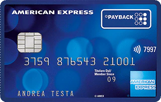 Carta di credito American Express Payback blu scuro di esempio intestata ad Andrea Testa